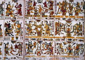 Detail van een facsimile kopie van een pagina uit de Codex Borgia met zes koppels goden die waarzeggerij voor koppels vertegenwoordigen
